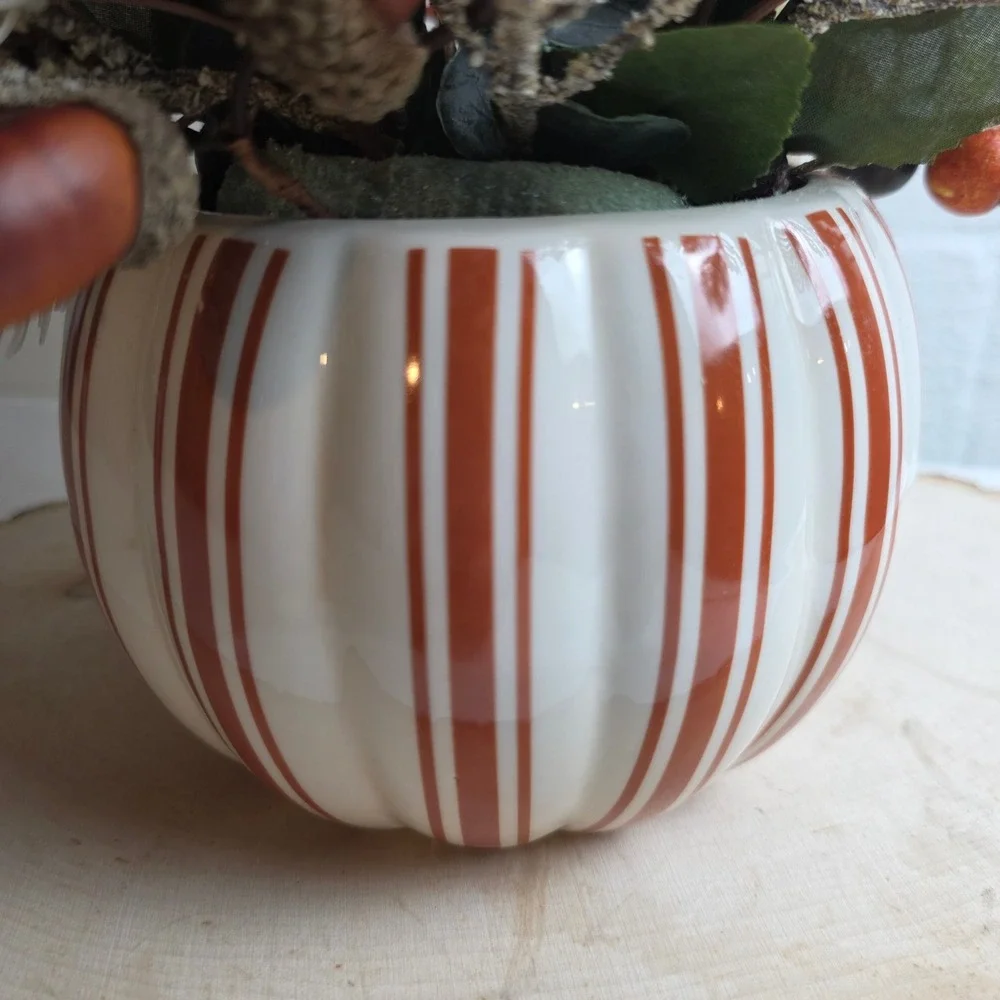 Fall Harvest Artificial Floral Arrangement in Striped Ceramic Pumpkin Pot